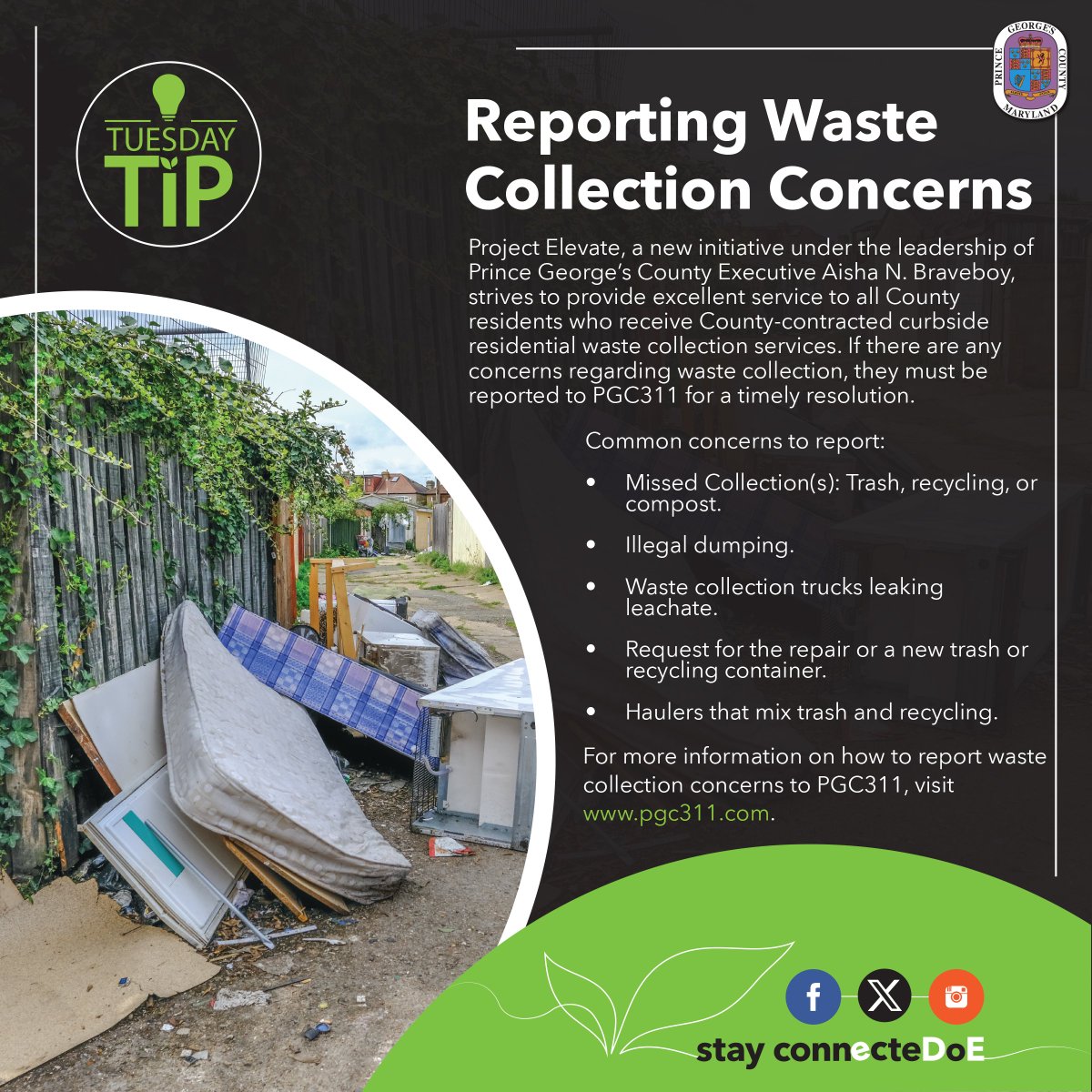 PGC Dept. of the Environment (@pgcsprout) on Twitter photo Help #ProjectElevate your community, report waste collection concerns regarding county-contracted curbside waste collection services to <a href="/PGCCommunity/">Community Relations</a> (PGC311) for a timely resolution.
For more information & to submit a Service Request, visit pgc311.com. #TuesdayTip Help #ProjectElevate your community, report waste collection concerns regarding county-contracted curbside waste collection services to <a href="/PGCCommunity/">Community Relations</a> (PGC311) for a timely resolution.
For more information & to submit a Service Request, visit pgc311.com. #TuesdayTip