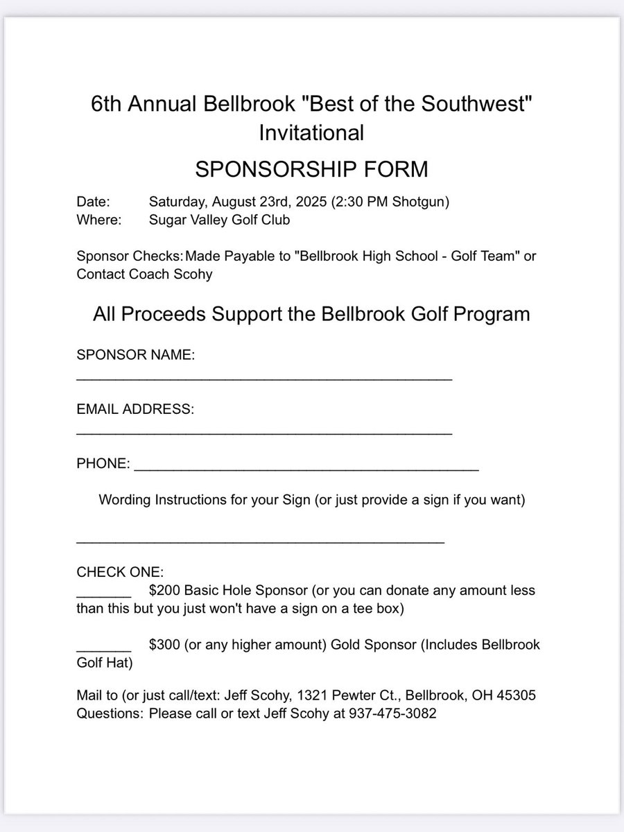 Our Annual Bellbrook Best of the SW Invitational is this Sat, Aug 23rd at Sugar Valley Golf Club.  We are once again looking for sponsors and would love your support.  We couldn’t have the program we do with you!  Go Eagles!!