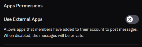 Check that External App is disabled! It was disabled on all roles I had, except the @/everyone role... :)