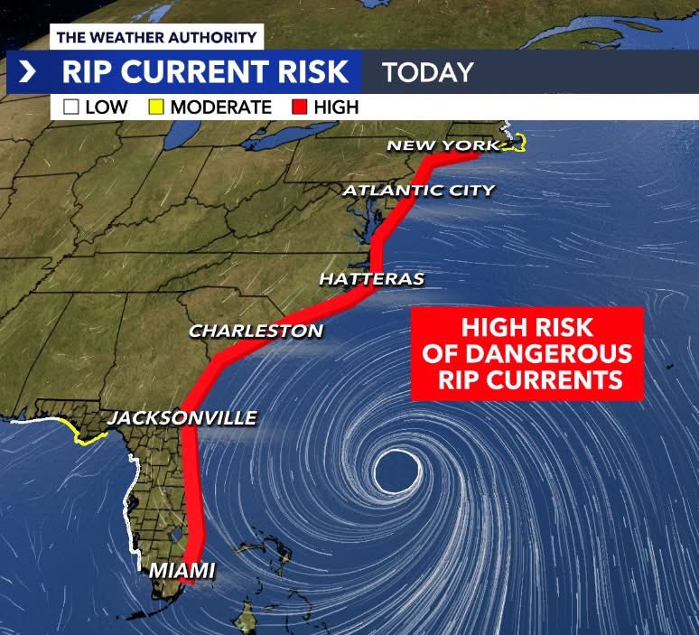 HEADS UP! 🌊⚠️ High Risk for dangerous rip currents today due to Hurricane #Erin along the US East Coast and through at least Thursday (red color). Over 75 rescues were done on Monday in North Carolina alone. Follow beach alerts and please stay out of the water!