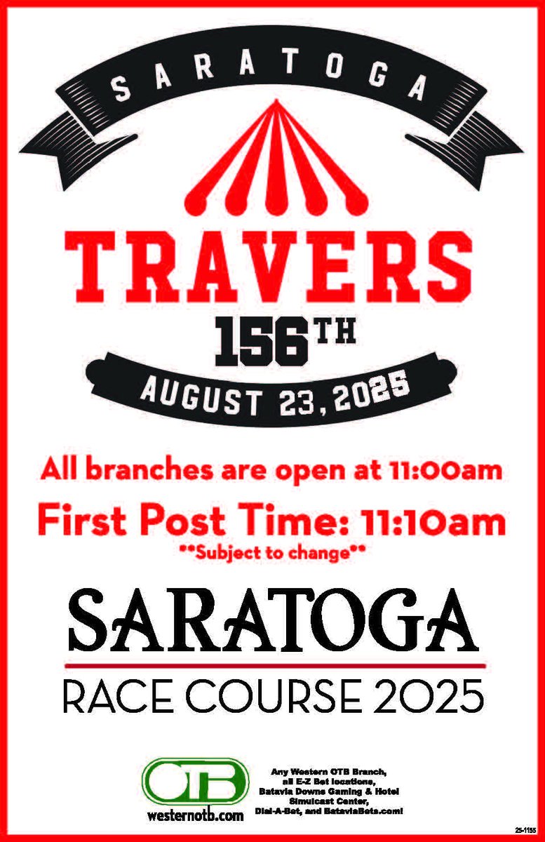 Join us at any OTB branch on Saturday to get in on the Travers Stakes! 🎪🐎

All branches will open at 11 am. First post is 11:10 am. See you there!