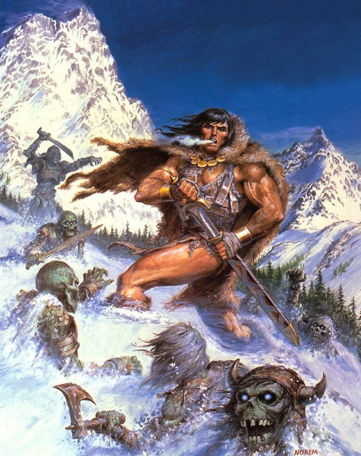 Conan is about to make short work of some undead. 

Art by Earl Norem