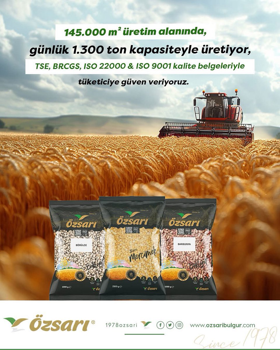 145.000 m² üretim alanında, günlük 1.300 ton kapasiteyle üretiyor, ISO 22000 &amp; ISO 9001 kalite belgeleriyle tüketiciye güven veriyoruz.

#Özsarı #Bulgur #Bakliyat #SağlıklıBesin #ÖzsarıGıda