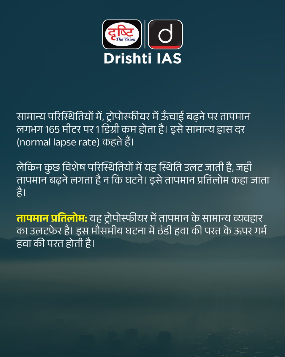 drishtiias's tweet photo. तापमान प्रतिलोम - वायुमंडल की अद्भुत घटना, जहाँ सामान्य तापमान घटने की बजाय बढ़ता है। यह घटना वायुमंडलीय परतों में गर्म और ठंडी हवा के असामान्य वितरण से होती है, जो मौसम और जलवायु विज्ञान में महत्त्वपूर्ण भूमिका निभाती है।

#GeographyFacts #WeatherPhenomena #ClimateScience #Atmosphere #DrishtiStaticBytes #EnvironmentalStudies #DrishtiIAS #UPSCGeography #DrishtiIAS