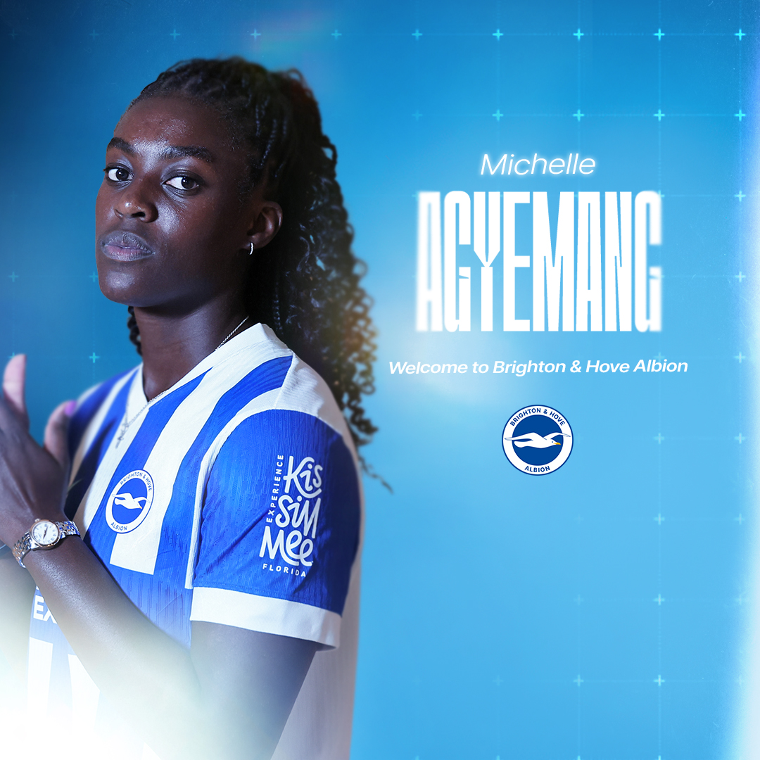 BHAFCWomen's tweet photo. We are delighted to announce that Lioness and Euros winner Michelle Agyemang has rejoined Albion on loan from Arsenal for the new season! 💙🤍