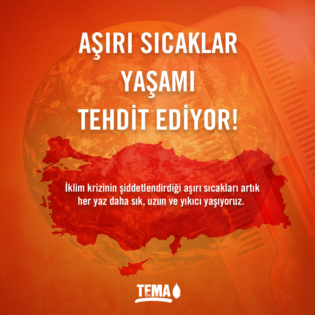 temavakfi's tweet photo. 🌡 Aşırı sıcaklar doğayı, halk sağlığını ve yaşamı tehdit ediyor!

📌 Avrupa Birliği Copernicus İklim Değişikliği Servisi verilerine göre bu yıl Temmuz ayı, dünya genelinde kayıtlardaki en sıcak 3. Temmuz oldu.

📌 Aynı dönemde Şırnak’ın Silopi ilçesinde yaşanan 50,5°C sıcaklık, Türkiye’de bugüne kadar ölçülen en yüksek sıcaklık oldu.

🔴 İklim krizinin şiddetlendirdiği aşırı sıcakları her yaz daha sık, uzun ve yıkıcı yaşıyoruz.

❗Su stresi çeken ülkemiz aşırı sıcakların etkisiyle her geçen yıl daha şiddetli kuraklık ve su stresi tehdidiyle karşı karşıya kalıyor.

🏭 Fosil yakıtlar iklim krizini derinleştiren en önemli etkenlerden biri. Başta kömür olmak üzere tüm fosil yakıtlardan vazgeçmeden iklim krizinin olumsuz etkilerini azaltmamız mümkün değil. 

TEMA Vakfı olarak tüm karar vericileri, acilen bilim temelli erken uyarı sistemlerini hayata geçirmeye ve halk sağlığını gözeten önlemleri almaya çağırıyoruz.

#İklimKrizi #İklimAdaleti #HalkSağlığı #KömürdenÇıkış

@csbgovtr  @TCEnerji