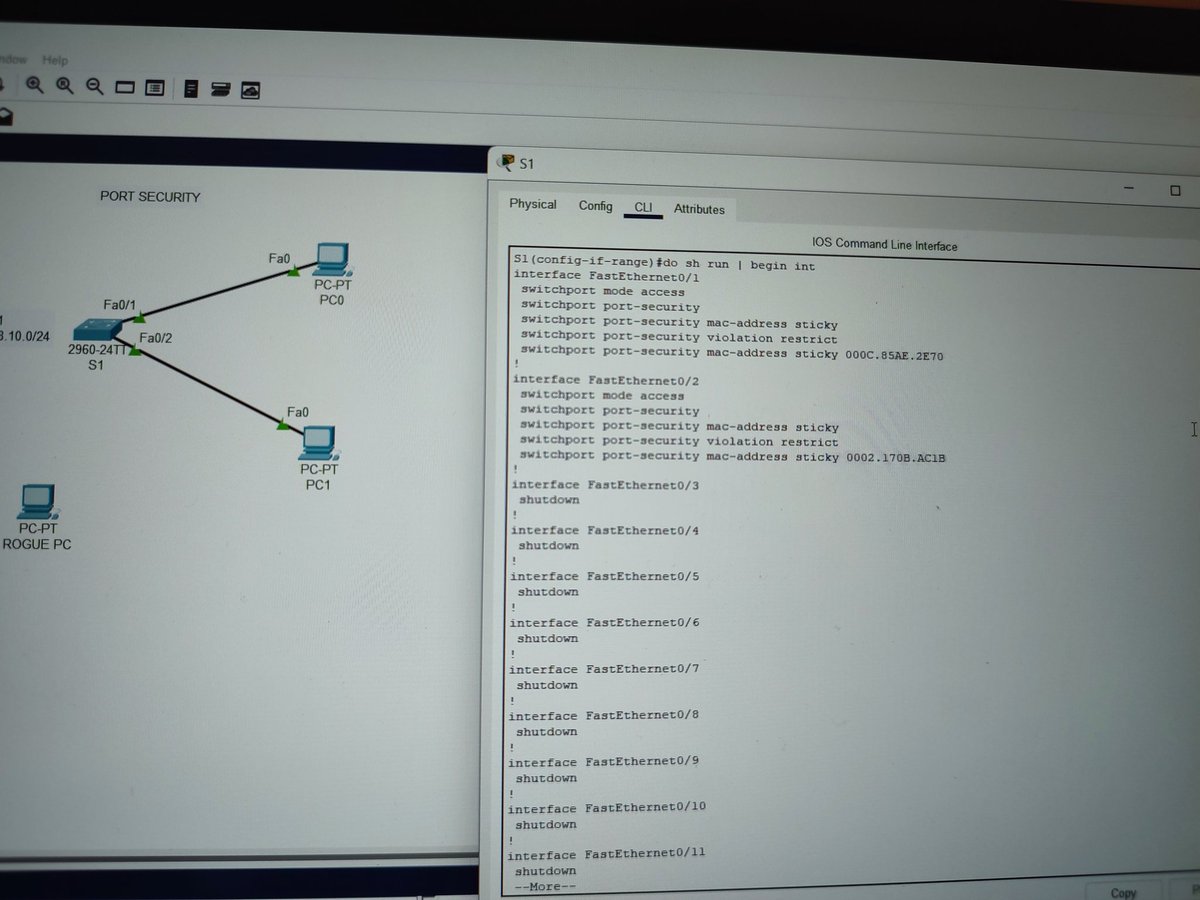 HappinessO65711's tweet image. In configuring and verifying port security using cisco packet tracer.. Port security helps reduces the risk by limiting access to ark address and also prevent unauthorised access to network..

#Cybersec #Techsec #CCNA #Networking