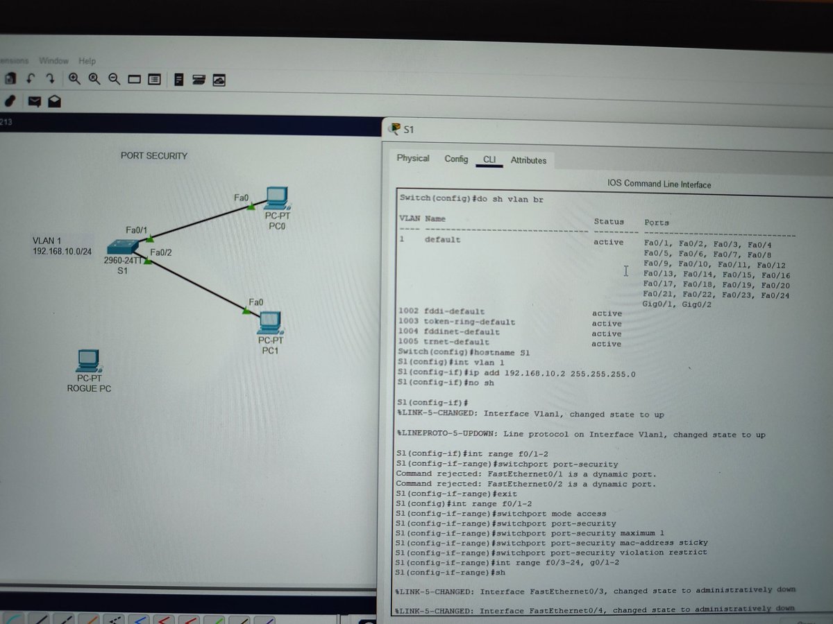 HappinessO65711's tweet image. In configuring and verifying port security using cisco packet tracer.. Port security helps reduces the risk by limiting access to ark address and also prevent unauthorised access to network..

#Cybersec #Techsec #CCNA #Networking