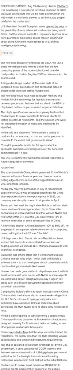 ns123abc's tweet image. BREAKING: NVIDIA IS COOKING 2 NEW BLACKWELL CHIPS FOR CHINA 

B30 based on Blackwell architecture to be single-die design with about half the raw compute of dual-die B300 but will still be more powerful than H20 

NVIDIA is also cooking a 2nd Blackwell chip for china designed…