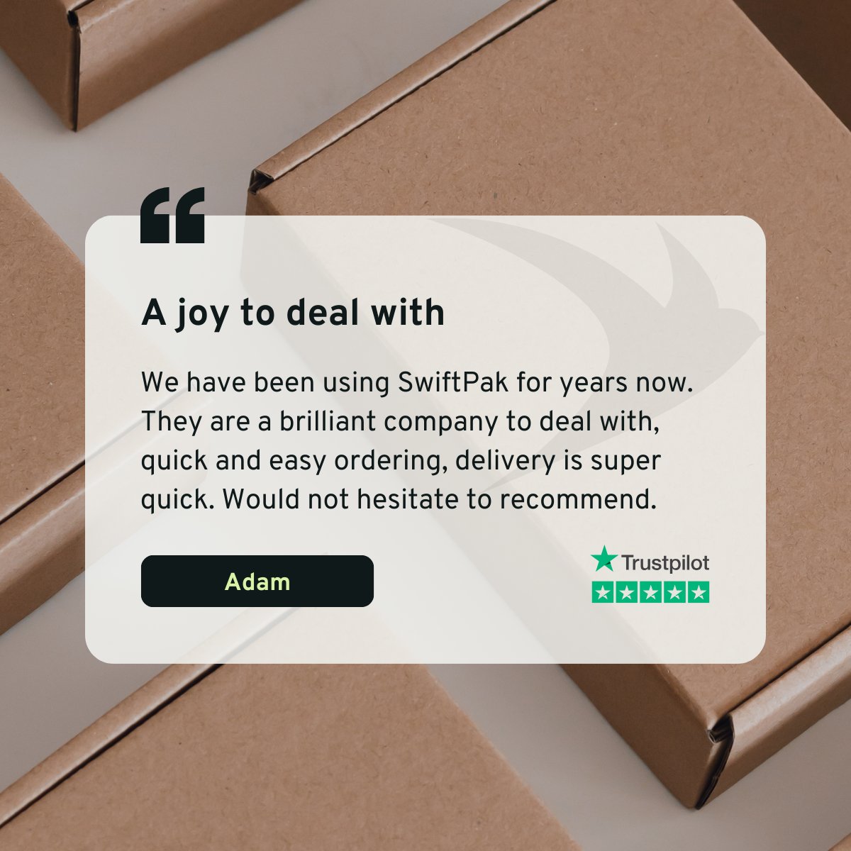 Swiftpak's tweet image. &quot;A joy to deal with.&quot;

Easy ordering ✔️
Fast delivery ✔️
Reliable service ✔️

⭐ Read more reviews: hubs.la/Q03CQjJj0

#TrustpilotTuesday #SwiftpakService