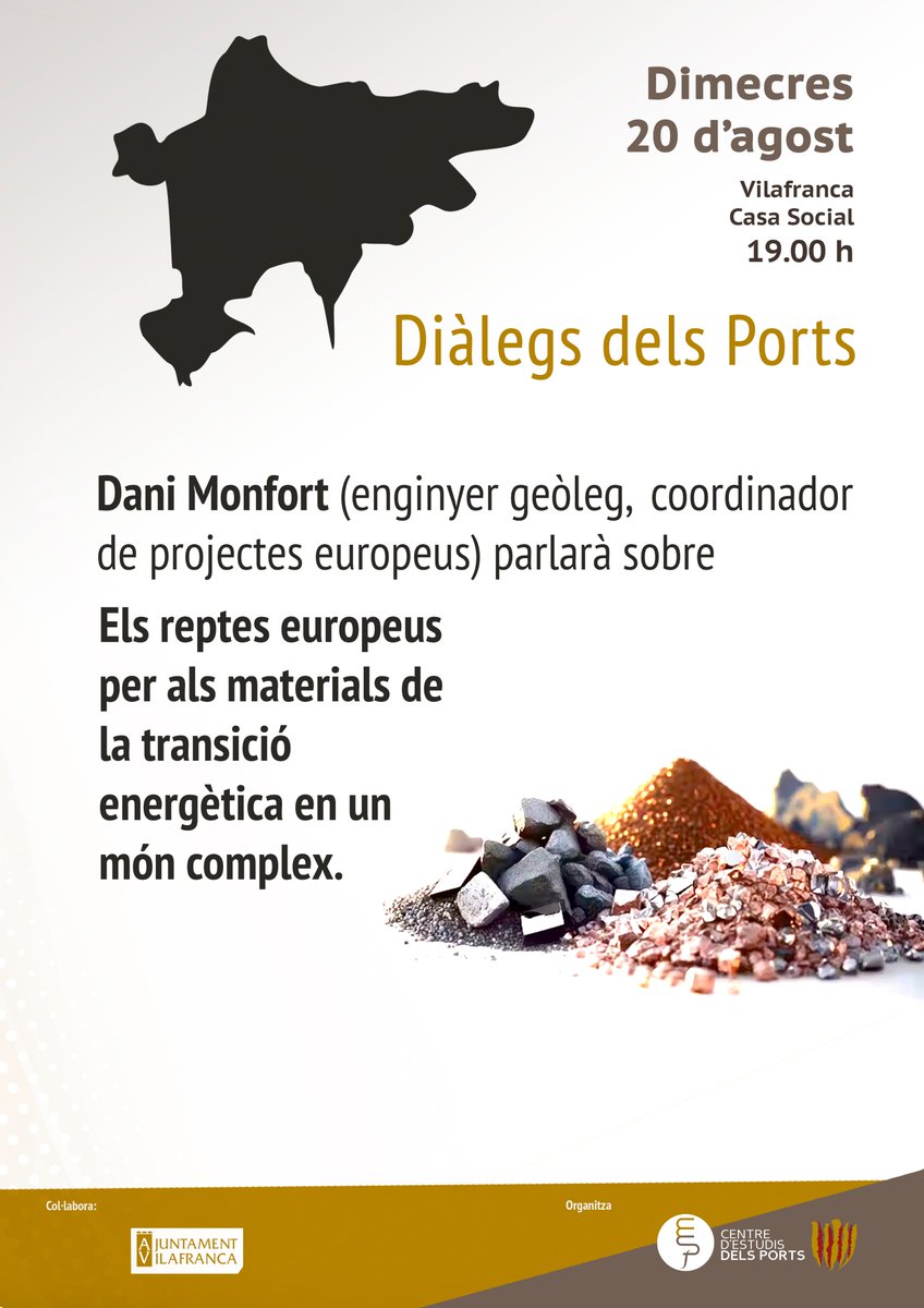 Dimecres, 20, d'agost, a VILAFRANCA, a les 19 h, DANI MONFORT parlarà sobre ELS REPTES EUROPEUS PER ALS MATERIALS DE LA TRANSICIÓ ENERGÈTICA EN UN MÓN COMPLEX