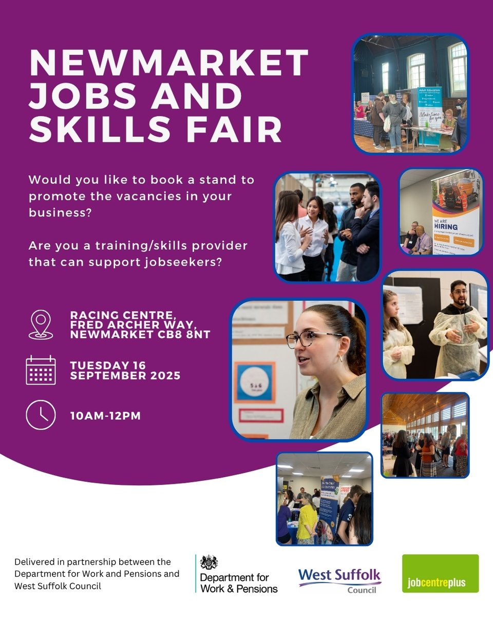 📣 Employers in West Suffolk!

Want to promote your vacancies? Book a FREE stall at the Newmarket Jobs and Skills Fair: 

🗓️ 16 September  
📍 Racing Centre, Newmarket
⏰ 10am–12pm

Register interest today: WESTSUFFOLK.EandP@dwp.gov.uk

#WestSuffolk #JobsFair #Newmarket