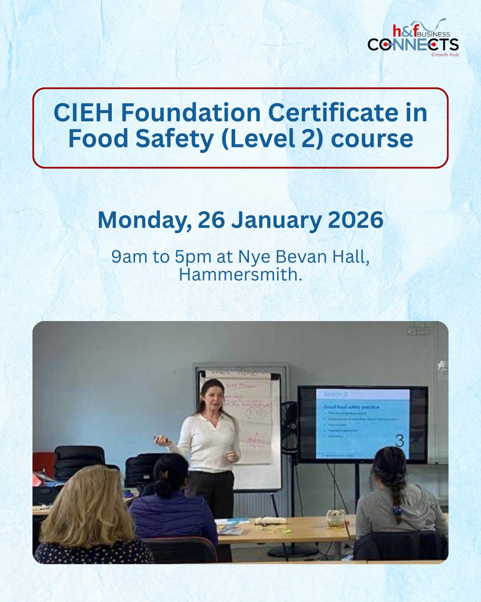 BizConnectsHF's tweet image. 🍽️ Our next in-person CIEH Foundation Certificate in Food Safety (Level 2) course takes place on Monday 26 January 2026, from 9am to 5pm at Nye Bevan Hall, Hammersmith.

🎟️ lbhf-self.achieveservice.com/service/CIEH_F…

@LBHF
#HammersmithAndFulham #FoodBusiness #LocalBusinessSupport #CateringBusiness