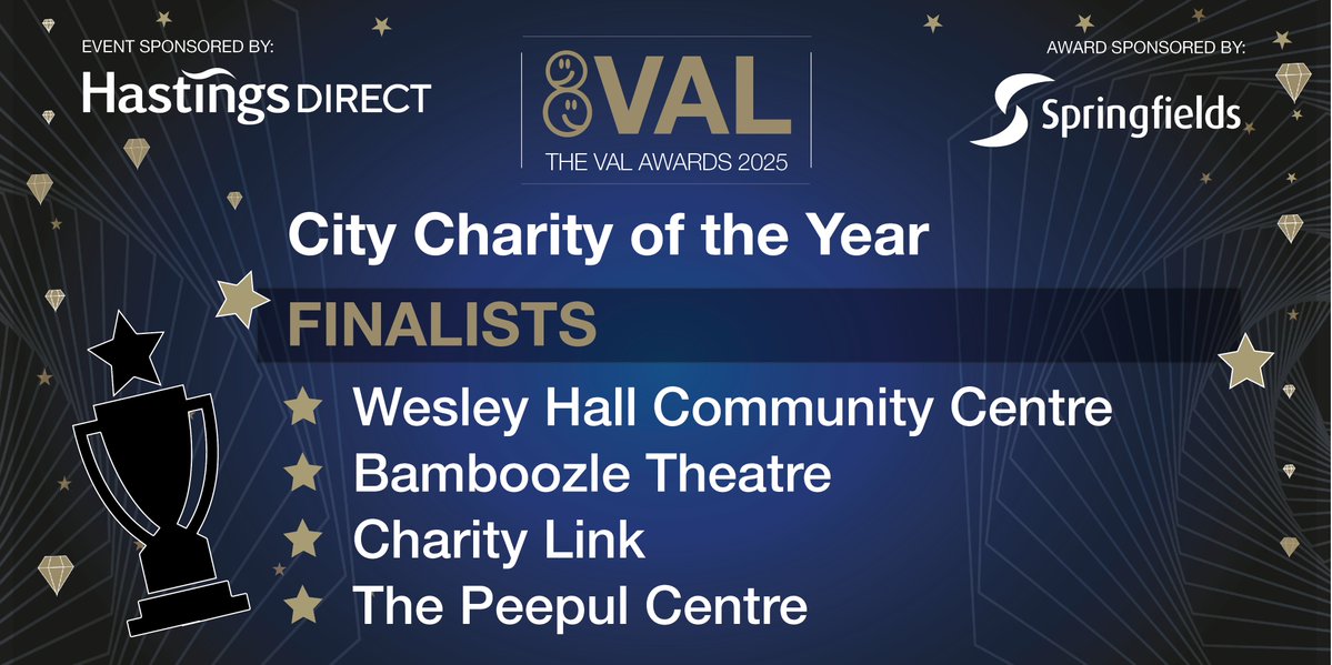 Voluntary Action LeicesterShire (VAL) (@valonline) on Twitter photo We're thrilled to announce our Finalists for #TheVALAwards25 in the following category:
City Charity of the Year
- Sponsored by: Springfields Advisory LLP
<a href="/WesleyHallCC/">WesleyHall</a> <a href="/BamboozleUK/">Bamboozle Theatre Company</a> <a href="/Charitylink/">CharityLink</a>
<a href="/Peepul_Centre/">Peepul Centre</a>
Headline Sponsor: <a href="/HDcareers/">Hastings Direct Careers</a> We're thrilled to announce our Finalists for #TheVALAwards25 in the following category:
City Charity of the Year
- Sponsored by: Springfields Advisory LLP
<a href="/WesleyHallCC/">WesleyHall</a> <a href="/BamboozleUK/">Bamboozle Theatre Company</a> <a href="/Charitylink/">CharityLink</a>
<a href="/Peepul_Centre/">Peepul Centre</a>
Headline Sponsor: <a href="/HDcareers/">Hastings Direct Careers</a>