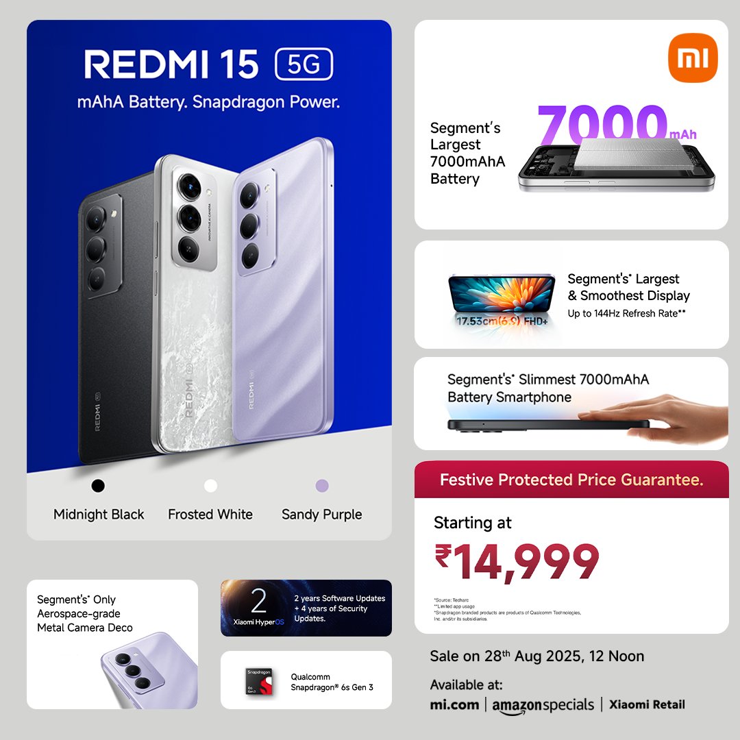 Xiaomi Fan Club Belagavi (@mifcbelagavi) on Twitter photo Power. Performance. Perfection. ๐ฅ
The all-new #Redmi15 5G has it all:
๐ EV-grade 7000mAh battery
โก Snapdragon AI power
๐ Smoothest & biggest display in the segment
๐ค Slimmest 7000mAh design ever
#PowerRevolution starts @ โน14,999 ๐
<a href="/atytse/">Alvin T</a> <a href="/mathursudhin/">Sudhin Mathur</a> <a href="/s_anuj/">Anuj Sharma</a> <a href="/gautmeluv/">Gautam Batra</a> Power. Performance. Perfection. ๐ฅ
The all-new #Redmi15 5G has it all:
๐ EV-grade 7000mAh battery
โก Snapdragon AI power
๐ Smoothest & biggest display in the segment
๐ค Slimmest 7000mAh design ever
#PowerRevolution starts @ โน14,999 ๐
<a href="/atytse/">Alvin T</a> <a href="/mathursudhin/">Sudhin Mathur</a> <a href="/s_anuj/">Anuj Sharma</a> <a href="/gautmeluv/">Gautam Batra</a>
