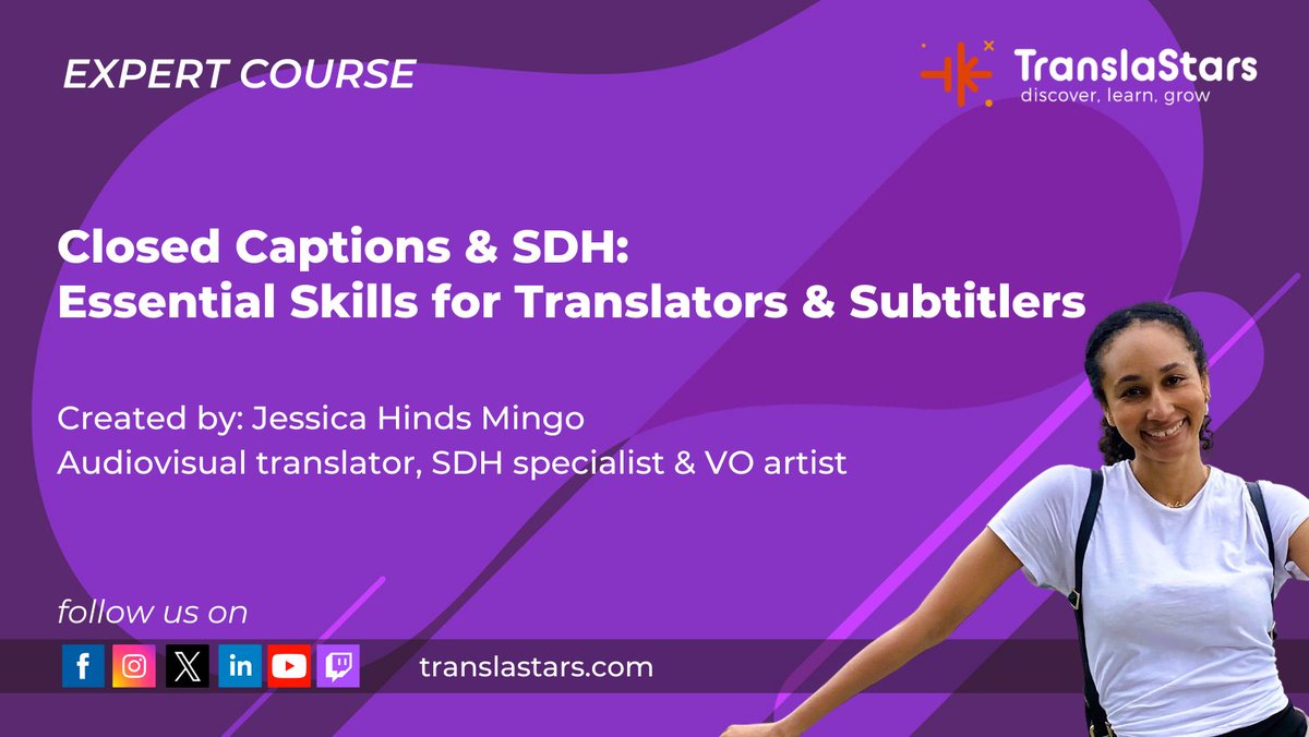 🎬 𝗠𝗮𝗸𝗲 𝗰𝗮𝗽𝘁𝗶𝗼𝗻𝘀 𝘁𝗵𝗮𝘁 𝘁𝗿𝘂𝗹𝘆 𝘄𝗼𝗿𝗸!
#ClosedCaptions &amp; #SDH
🗓️ 29 Sep–3 Oct, 18:00 CET (10 h). 
🎓 Tutor: Jessica Hinds-Mingo

Learn:
🔍 SDH vs CC
🎵 music/SFX
🗣️ accents
🏷️ labelling
✂️ editing

Q&amp;A + cert &amp; lifetime replay.
Join: translastars.com/course/closed-…