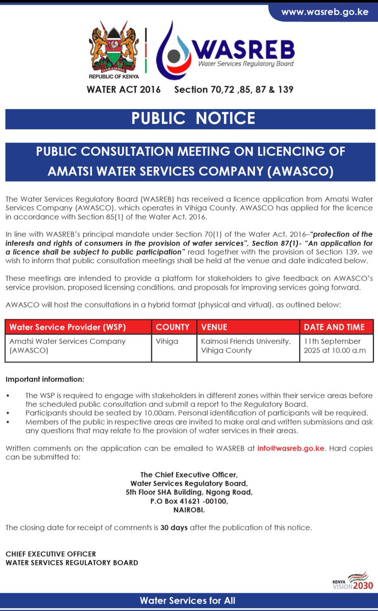 UPCOMING  LICENCE PUBLIC CONSULTATION MEETING 

#waterservicesforall
