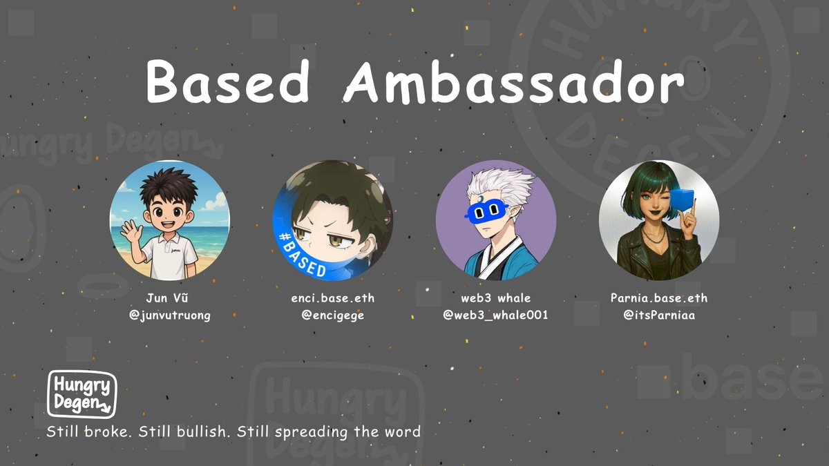 HungryDegens's tweet photo. More hungry souls just joined the feast 🍽️💀

The Degen fam keeps leveling up on @base 🟦 - we grow together, no matter where you start.

Big welcome to:
@junvutruong
@encigege
@web3_whale001
@itsParniaa

From whales 🐋 to grinders 🐜, everyone eats at the Degen table. ❤️‍🔥

Stay hungry. Stay based.
