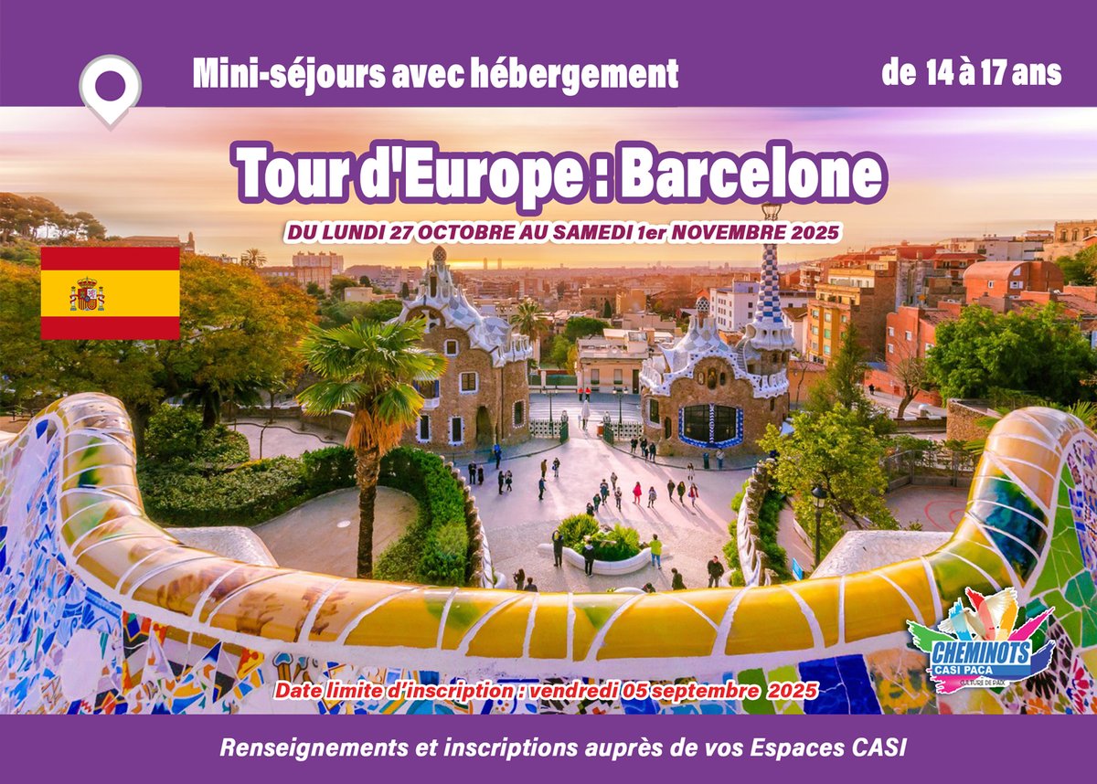 Pour les vacances d'automne 2025,
votre CASI Cheminots PACA vous propose :
pour vos enfants de 4 à 17 ans,
des mini-séjours avec et sans hébergement.
Date limite d'inscription : vendredi 5 septembre 2025
Renseignements et inscriptions
auprès de vos Espaces CASI Cheminots PACA.