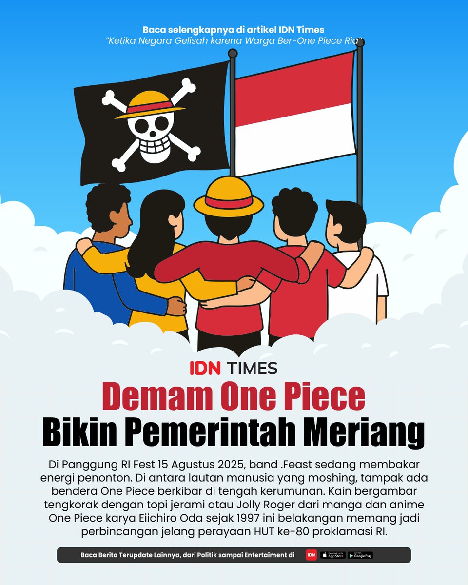 IDNTimesSumut's tweet photo. Bendera One Piece memang belakangan kerap nyempil di berbagai aktivitas baik panggung musik, demonstrasi hingga sidang pengadilan. Fenomena ini menimbulkan pertanyaan, kenapa bendera One Piece seakan-akan ditakuti oleh pemerintah Indonesia?

[THREAD]

#IDNTimesSumut #Hyperlocal https://t.co/n5v45XvzEp