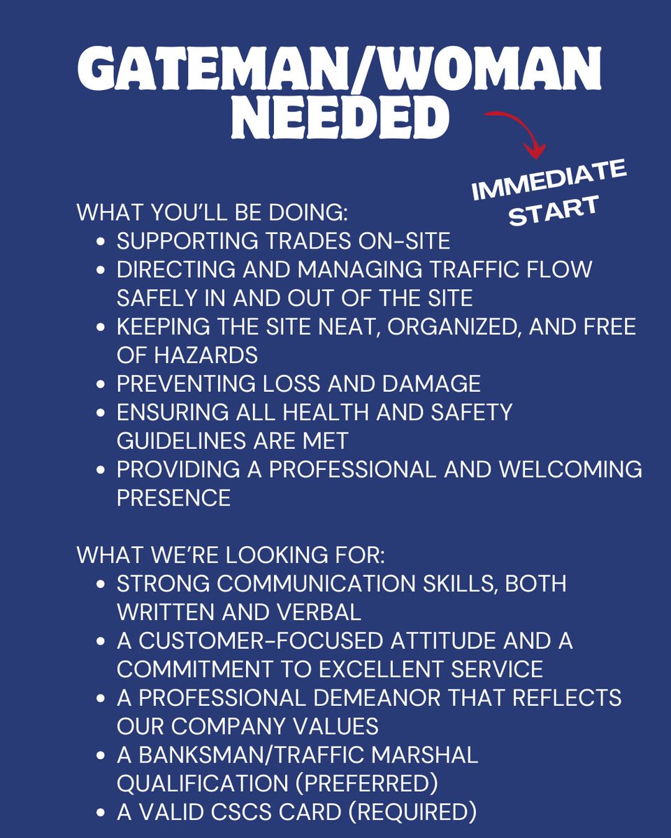 🚨 Job Alert – Gateman/Woman Needed 🚨
📍 Birkenhead | £12.21/hr
⏰ Mon–Thurs, 4pm–12am
💸 8 hrs worked = 10 hrs paid
⚡️ Immediate start
Valid CSCS card required.
Apply now &amp; join the NWMS team today! 👷