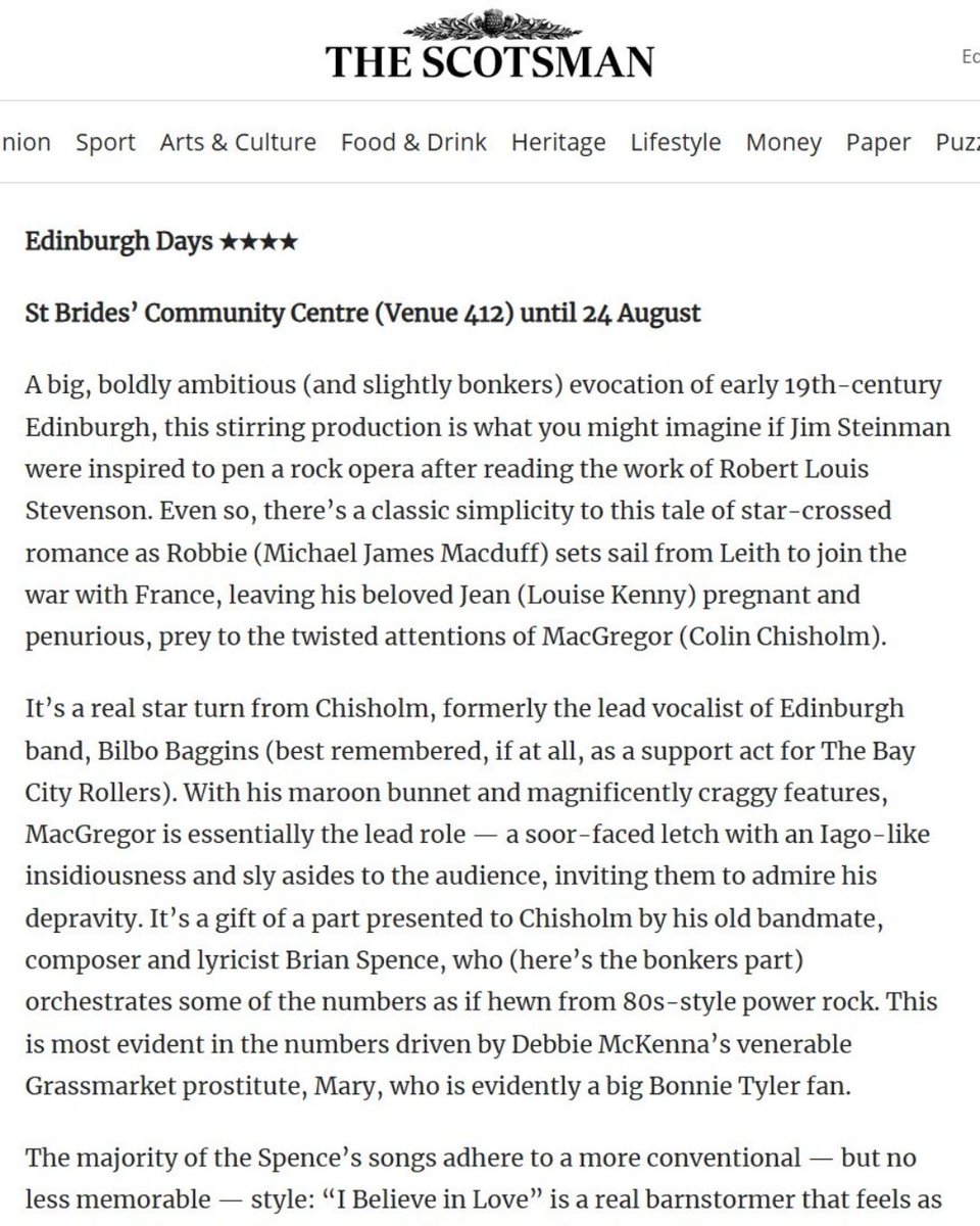 ‘This production benefits enormously from an impressively large – &amp; unusually talented – company very effectively marshalled by veteran director Bob Tomson’

★ ★ ★ ★ from <a href="/TheScotsman/">The Scotsman</a>  

Don’t miss new Scottish musical Edinburgh Days, running until 24 Aug <a href="/edfringe/">Edinburgh Festival Fringe</a>