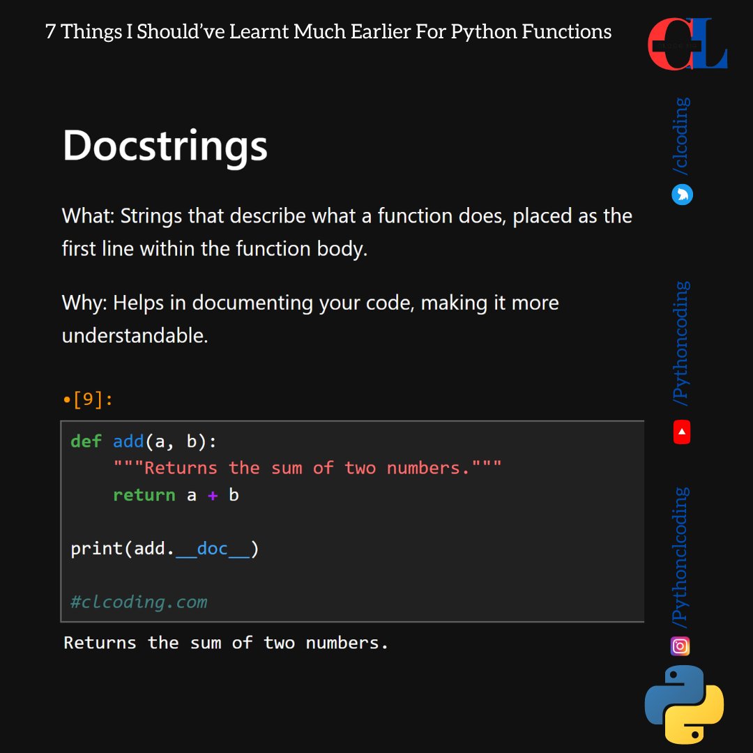 clcoding's tweet image. 4 Things I Should’ve Learnt Much Earlier For Python Functions
