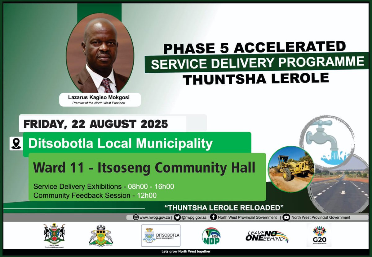 [Alert] We are kick-starting phase 5 of the Accelerated Service Delivery Programme, Thuntsha Lerole Reloaded this week in Ditsobotla Local Municipality. #NWPG #ThuntshaLeroleReloaded #Ditsobotla #Itsoseng #LeaveNoOneBehind  #LetsGrowNorthWestTogether
