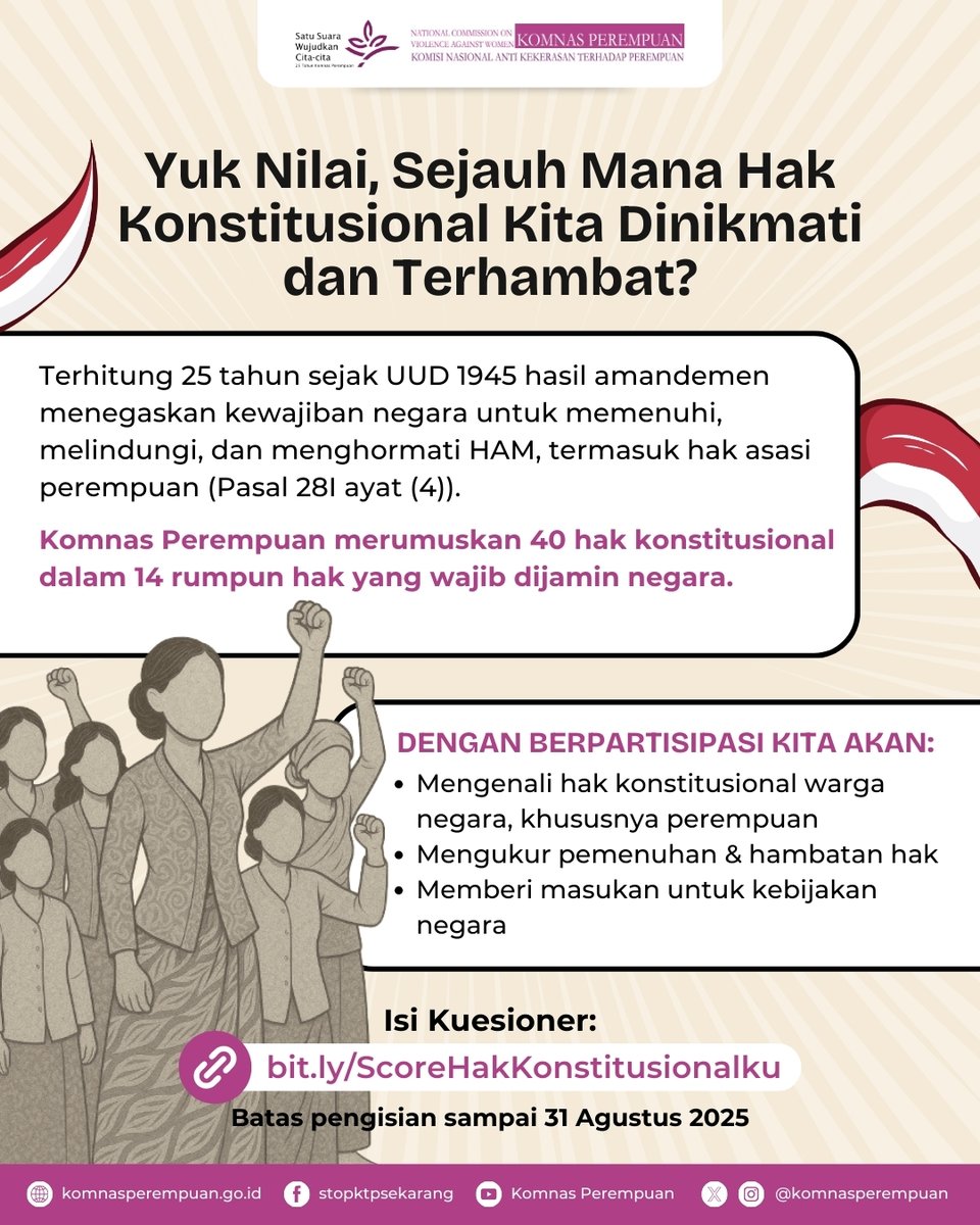 📢 Sejauh Mana Hak Konstitusionalku Dinikmati dan Terhambat?

Komnas Perempuan telah merumuskan 40 hak konstitusional dalam 14 rumpun yang wajib dijamin negara. Melalui survei ini, kita bersama-sama bisa melihat sejauh mana hak itu benar-benar kita nikmati atau justru masih