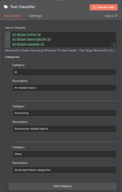 devardagur's tweet photo. i just learned the text classifier node and added it to my project
it is a node used to classify the input data according to the category you want
enter category name, description and select llm you want. then enjoy. https://t.co/UPqy8jRrQb