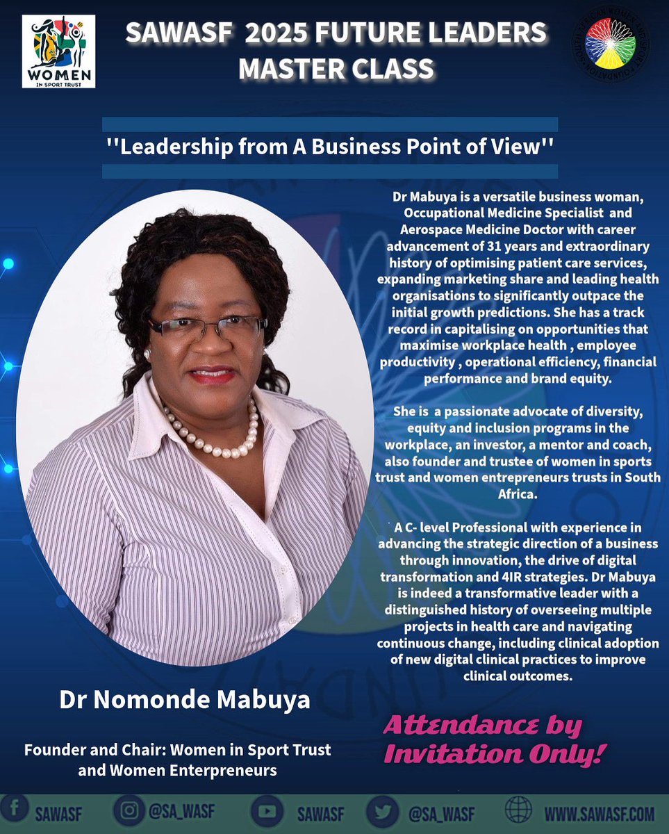 🚨 #2024sawasffutureleaders  🚨
Meet our second keynote speaker: @ Dr Nomonde Mabuya! 
Dr. Mabuya will unpack leadership through a business lens, helping future leaders explore diverse approaches across their careers.✨
🔒 Invite-only event
#businessleadership #FutureLeaders