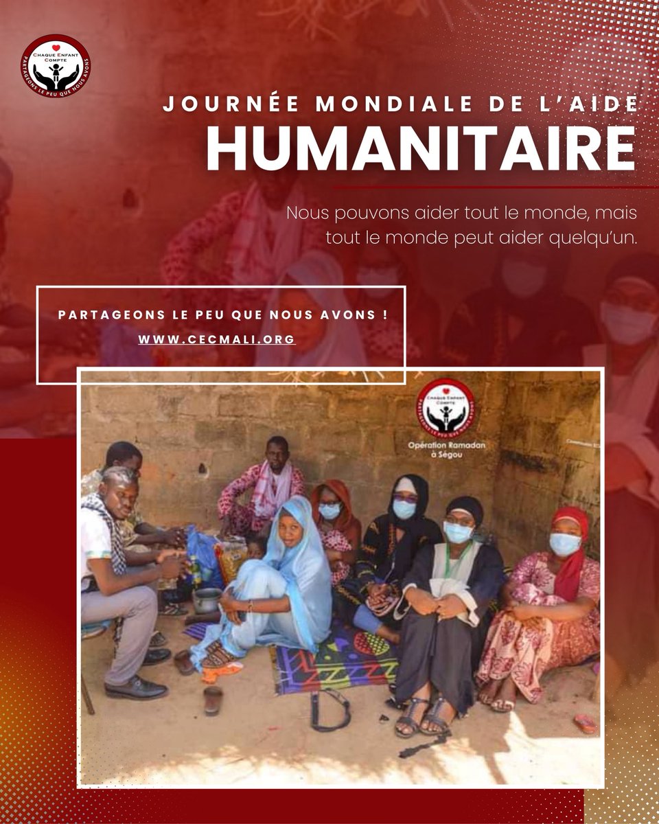 19 août | Journée mondiale de l’aide humanitaire 

Chaque geste compte : un sourire, un repas, un mot peut changer une vie.
Hommage à celles et ceux qui tendent la main aux plus vulnérables.

#CECMali #JournéeHumanitaire