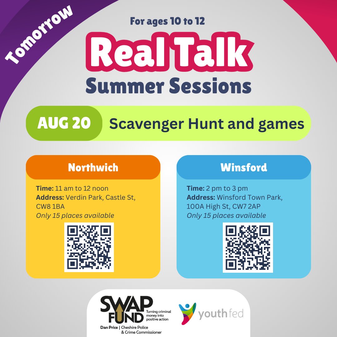 Tomorrow we have Scavenger Hunt and Games in #Northwich and #Winsford! As always it's completely #FREE.

NORTHWICH
Sign up here: forms.office.com/e/Qw5UAugYcx

WINSFORD
Sign up here: forms.office.com/e/fZUXUxKJWu

Thanks to @cheshirepcc through their #SWAPfund for making this possible!