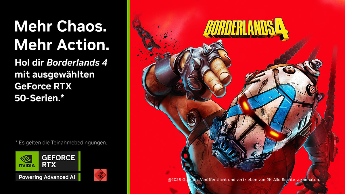 MEHR CHAOS. MEHR ACTION. Hol dir Borderlands 4 mit ausgewählten NVIDIA GeForce RTX™ 50-Serien Grafikkarten. Bedingungen beachten. mindfactory.de/Highlights/NVI…