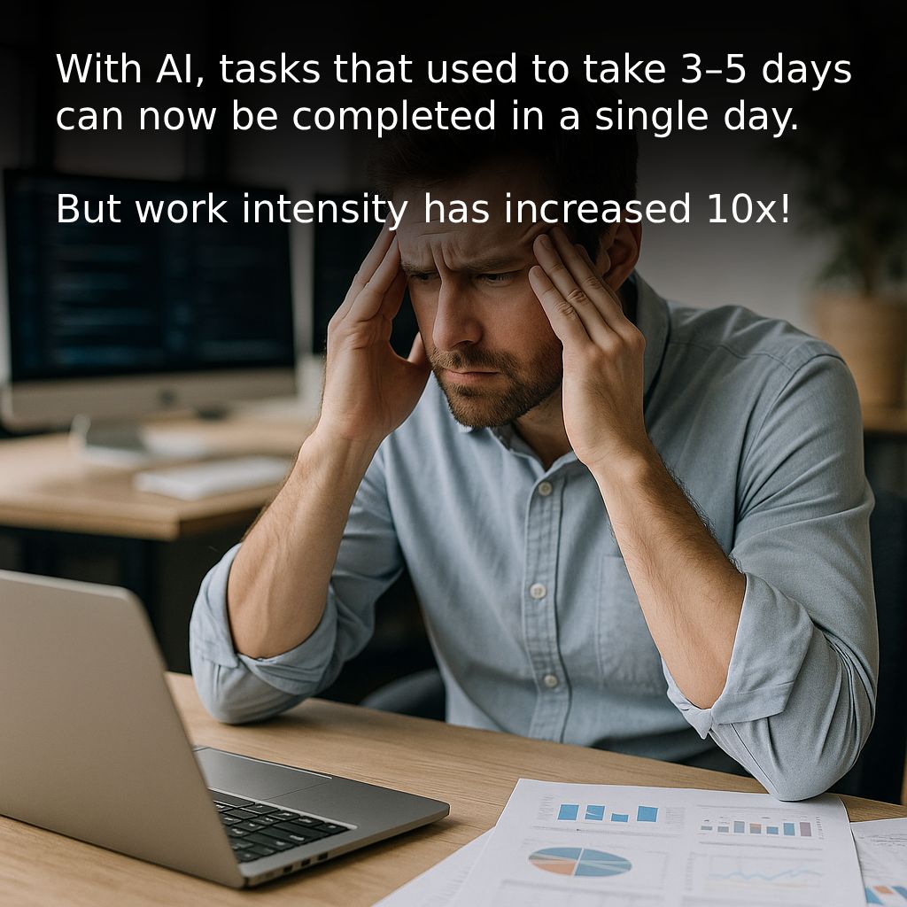 With AI, tasks that used to take 3–5 days can now be completed in a single day. 🚀

But here’s the catch — it’s no longer possible to work the same hours as before. The work intensity has increased 10x.

The information flow from AI is enormous. 🌊