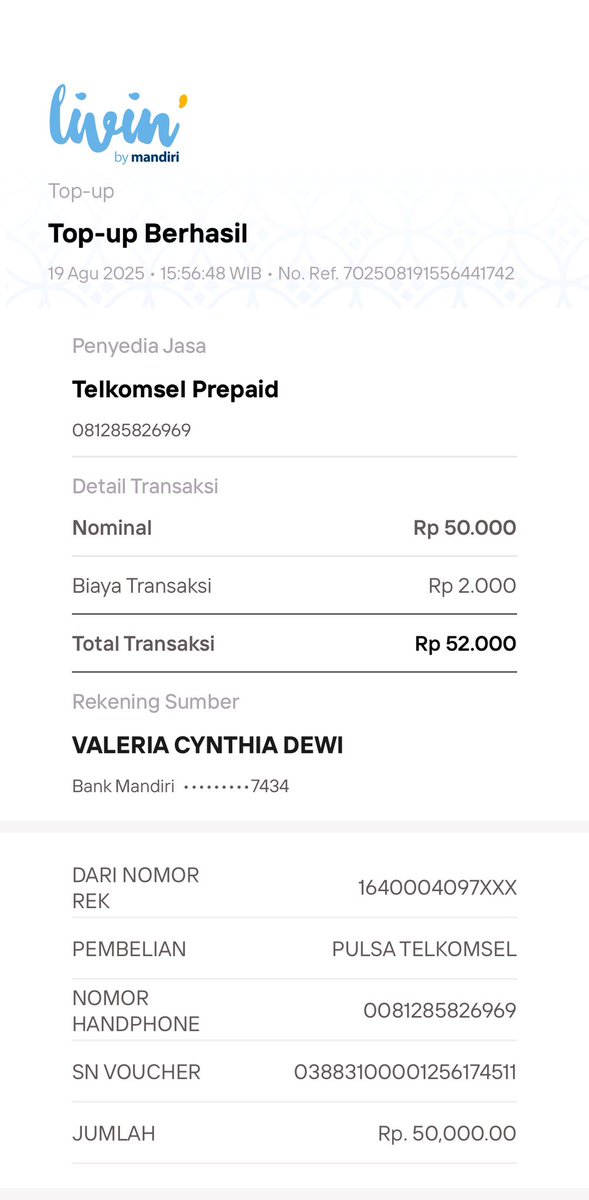 valeystophya's tweet photo. @Telkomsel halo kak mohon bantuannya beli pulsa di Livin tp belom masuk. Terima kasih https://t.co/mtwOB4CwfL