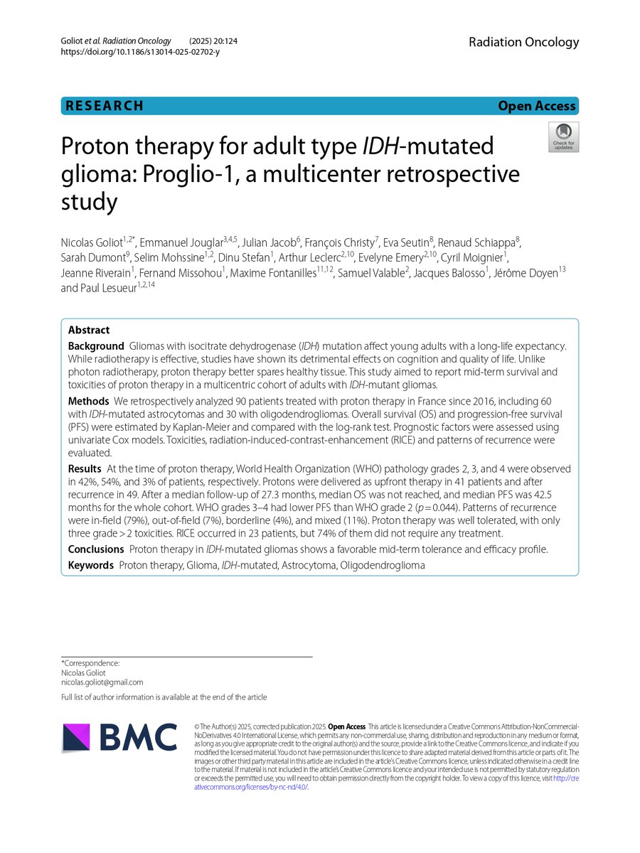 RRobaina75's tweet image. Proton therapy for adult type IDH-mutated #glioma: Proglio-1, a multicenter retrospective study.
#aeprot #protontherapy #particletherapy #hadrontherapy #protonterapia