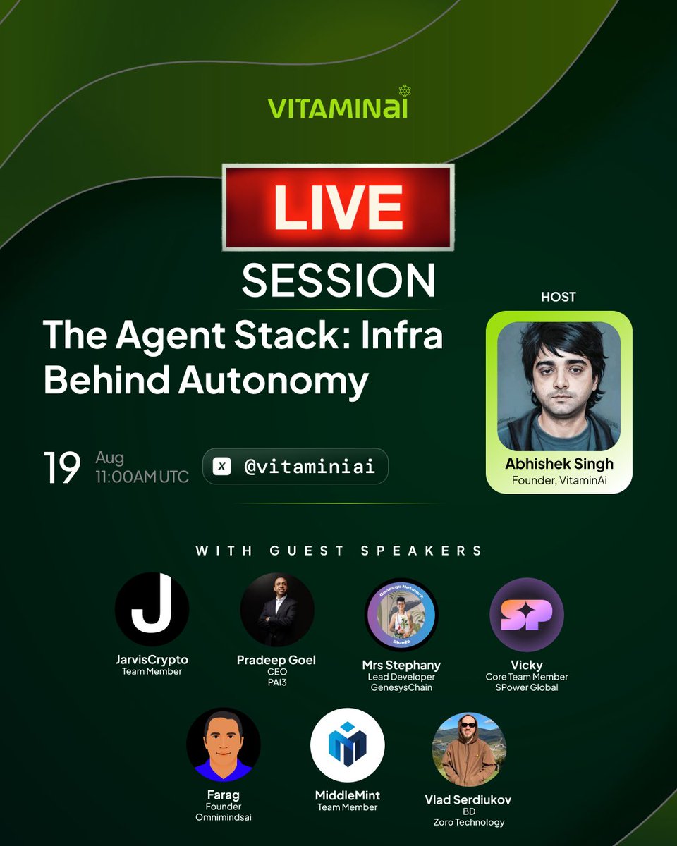 PAI3 (@pai3ai) on Twitter photo 🚨 Join <a href="/Pai3Ai/">PAI3</a> CEO <a href="/_PradeepGoel/">Pradeep Goel</a>, live on X Spaces!
🛠️ <a href="/Vitaminiai/">VitaminAi | AI Agents MarketPlace</a> Presents: The Agent Stack — Infra Behind Autonomy! 🤖⚙️
An in-depth discussion on the infrastructure powering autonomous AI agents and how it’s shaping the next wave of intelligent systems.
🗓 19 Aug
⏰ 11 AM 🚨 Join <a href="/Pai3Ai/">PAI3</a> CEO <a href="/_PradeepGoel/">Pradeep Goel</a>, live on X Spaces!
🛠️ <a href="/Vitaminiai/">VitaminAi | AI Agents MarketPlace</a> Presents: The Agent Stack — Infra Behind Autonomy! 🤖⚙️
An in-depth discussion on the infrastructure powering autonomous AI agents and how it’s shaping the next wave of intelligent systems.
🗓 19 Aug
⏰ 11 AM