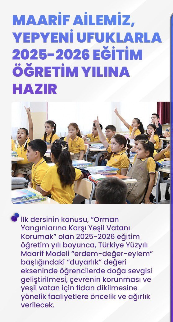 Milli Eğitim Bakanlığı 2025-2026 eğitim öğretim yılının ilk dersinin “Orman yangınlarına karşı yeşil vatanı korumak” temasıyla işleneceğini duyurdu.
Haftalardır ciğerlerimizin yandığı güzel ülkemizde çocuklarımızda farkındalık ve çevre duyarlılığı oluşturmak için anlamlı bir