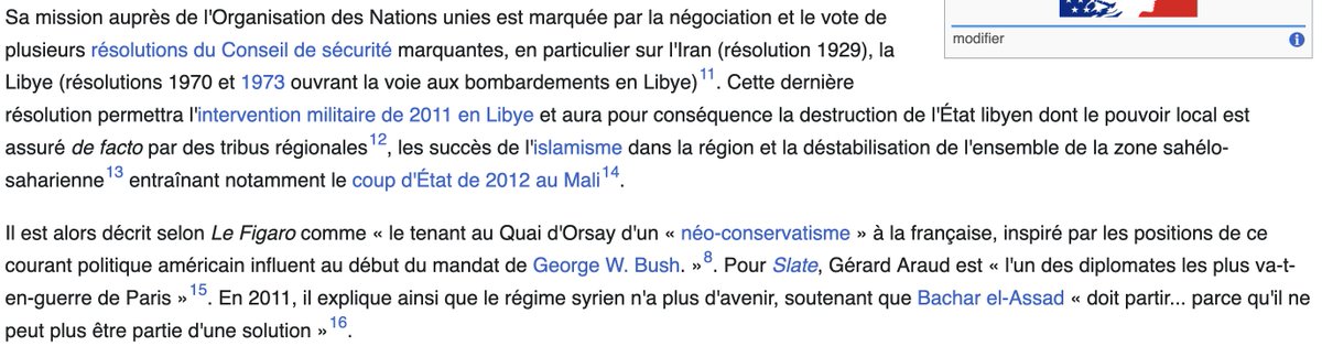 Même Le Figaro qualifiait Gérard Araud d'agent néoconservateur inspiré par Bush 2. Il fut le défenseur de bien des guerres d'agression commanditées par la CIA et on ne s'étonne pas de le retrouver aujourd'hui solidaire des postures bellicistes d'Emmanuel Atlantic Council Macron.