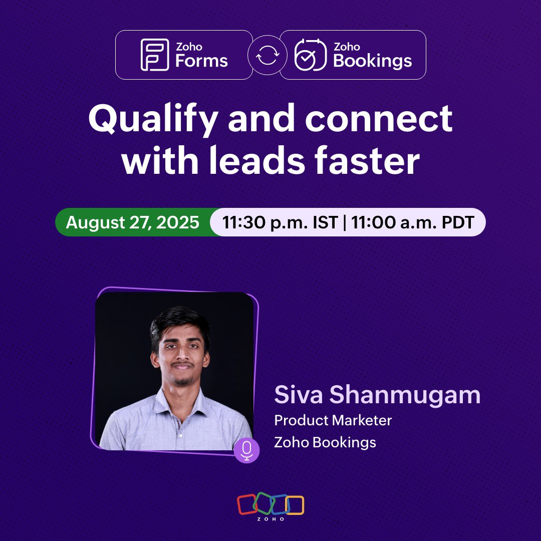 ZohoBookings's tweet image. [Webinar] Convert leads into customers faster with @ZohoForms and Zoho Bookings.

Wednesday, August 27, 2025 at 11:30 p.m. IST | 11:00 a.m. PDT

Host: Siva Shanmugam

Register here: zurl.co/gJxym

#zoho #meetings #scheduling #webinar