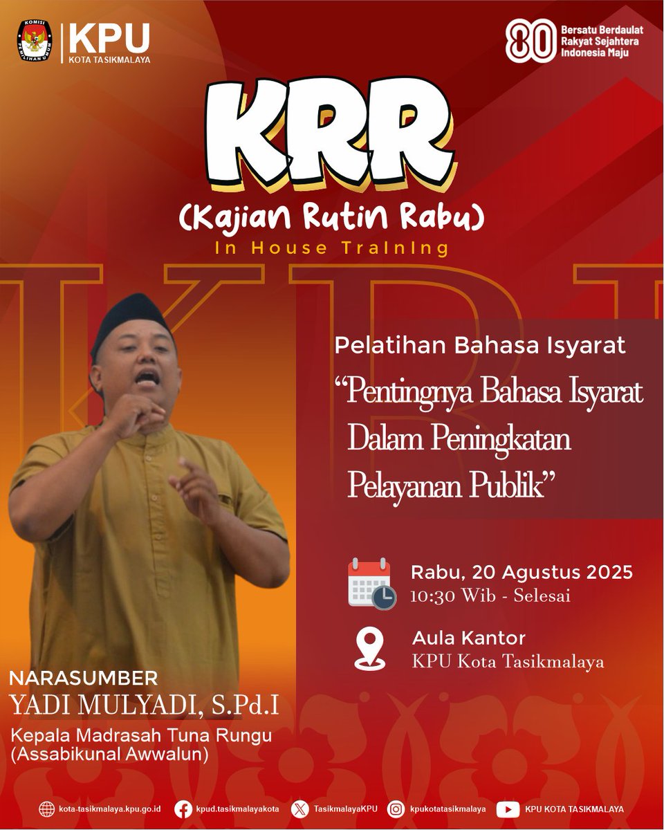 #Temanpemilih
Pentingnya Bahasa Isyarat Dalam Peningkatan Pelayanan Publik.

Yadi Mulyadi, S.Pd.I, Kepala Madrasah Tuna Rungu (Assabikunal Awwalun) Sebagai Narasumber pada kegiatan ini.
.
.
#kpumelayani