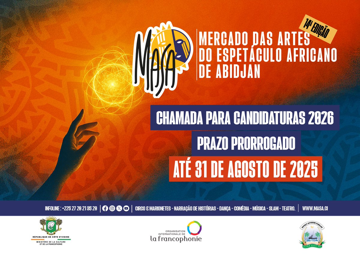 🚨 Appel à candidatures MASA 2026
📅 Date limite prolongée : 31 août 2025
Inscrivez-vous sans tarder !
Call for applications: Deadline extended!
Prazo prorrogado!
🔗 candidature.masa.ci
#MASA2026 #CultureAfricaine #AppelÀCandidatures