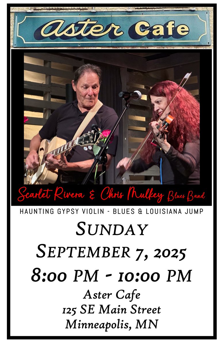 Marc Percansky (@magicmarcprod) on Twitter photo .<a href="/scarletrivera13/">Scarlet Rivera</a> & <a href="/chmulkey/">Chris Mulkey</a> Blues Band | HAUNTING GYPSY VIOLIN - BLUES AND LOUISIANA JUMP | SUNDAY SEPTEMBER 7, 2025 8:00 PM - 10:00 PM <a href="/astercafe/">aster cafe</a> 125 SE Main Street Minneapolis, MN Reservations are free and nearly sold out exploretock.com/astercafe/expe… Don't you dare miss it!😎 .<a href="/scarletrivera13/">Scarlet Rivera</a> & <a href="/chmulkey/">Chris Mulkey</a> Blues Band | HAUNTING GYPSY VIOLIN - BLUES AND LOUISIANA JUMP | SUNDAY SEPTEMBER 7, 2025 8:00 PM - 10:00 PM <a href="/astercafe/">aster cafe</a> 125 SE Main Street Minneapolis, MN Reservations are free and nearly sold out exploretock.com/astercafe/expe… Don't you dare miss it!😎