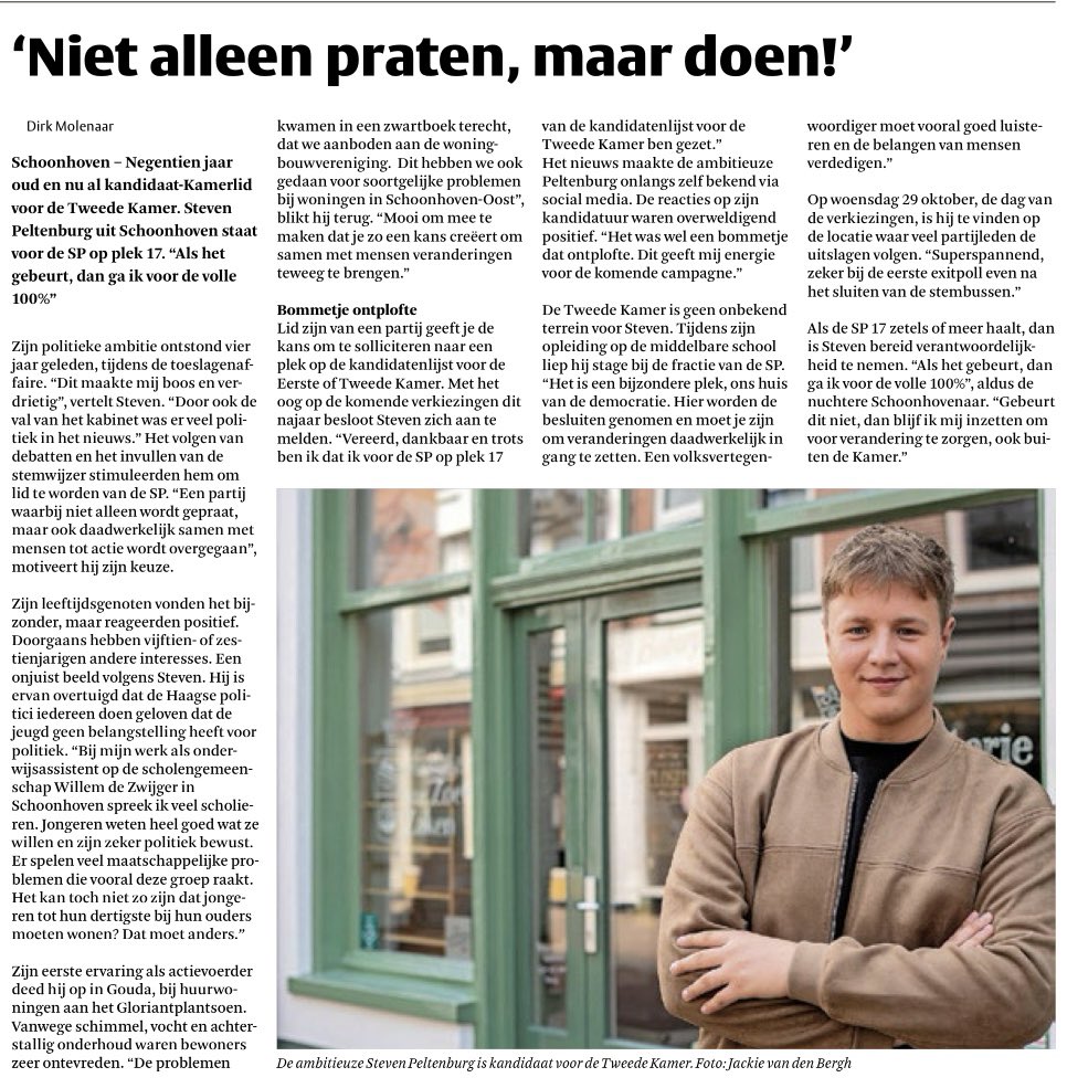 Deze ochtend in het Kontakt. 👀📰

'Niet alleen praten, maar doen!’
Er moet geleverd worden! Mensen verlangen naar sociale vooruitgang. Vorige week sprak ik met Dirk Molenaar over wat mij drijft en over mijn voordracht voor de kandidatenlijst van de SP.
👇🏼