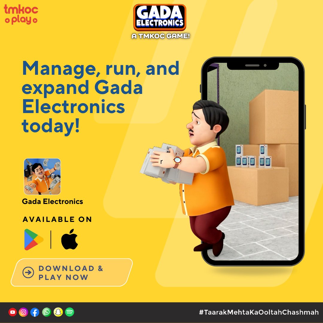 Think you can run Gada Electronics better than Jethalal? 🏆
Prove it in the No.1 Business Simulation Game Gada Electronics!

Manage, expand &amp; grow your empire. Start your journey today 
Download now: play.google.com/store/apps/det…

#gadaelectronics #jethalal #bagha #nattukaka #games