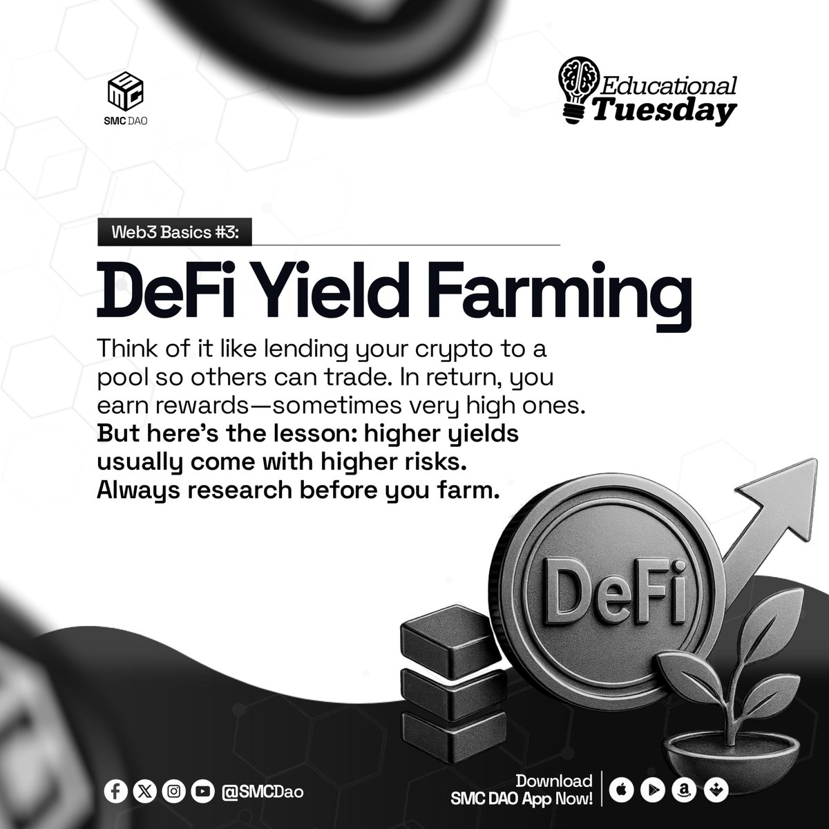 Yield farming can grow your crypto 🌱 But remember, higher rewards often  come with higher risks. 👉 For deeper insights, explore our In-app Library  on the SMC app today!