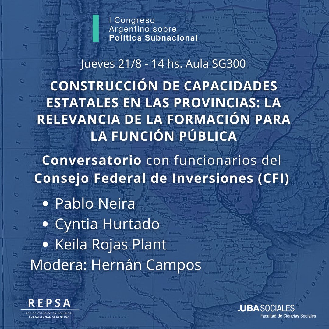 Repsa (@repsa_org) on Twitter photo Cuál es el papel del Consejo Federal de Inversiones en el desarrollo económico y la formación de capacidades estatales de las provincias? Este jueves, representantes del CFI vienen al Congreso sobre #PolíticaSubnacional en <a href="/ubasociales/">UBA Sociales | #FSOC #UBA</a> Cuál es el papel del Consejo Federal de Inversiones en el desarrollo económico y la formación de capacidades estatales de las provincias? Este jueves, representantes del CFI vienen al Congreso sobre #PolíticaSubnacional en <a href="/ubasociales/">UBA Sociales | #FSOC #UBA</a>