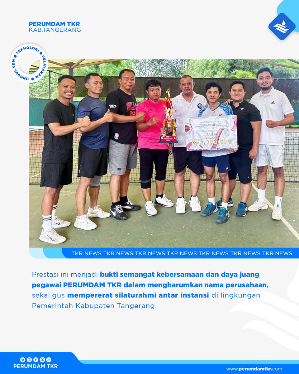 perumdamtkr's tweet image. 🎾PERUMDAM TKR Tampil Gemilang!✨ 
Sukses sabet Juara 2 Tenis Lapangan pada Pekan Olahraga Antar Pegawai Kabupaten Tangerang.

Semangat sportivitas, kebersamaan, dan prestasi selalu jadi bagian dari langkah kami! 

#HUTRI80 #DIRGAHAYURI80 
#PERUMDAMTKR #KabupatenTangerang #PDAM