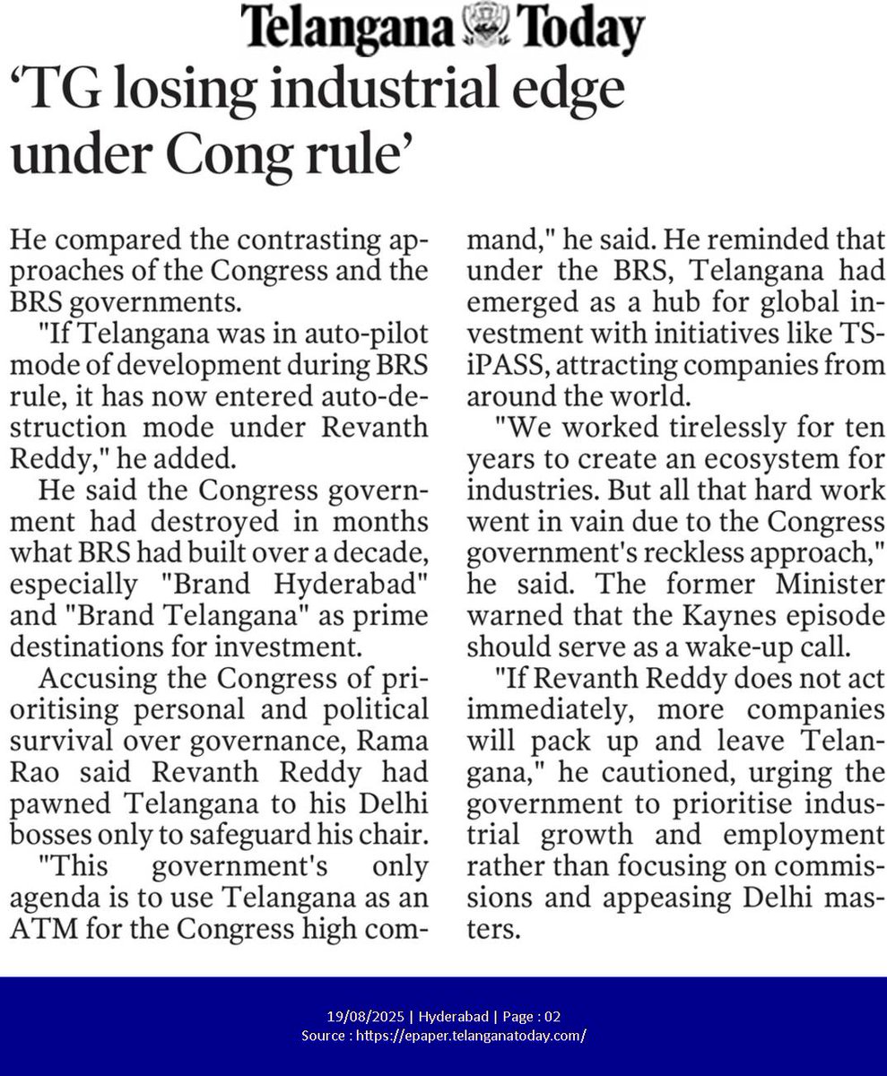 Telangana was in auto-pilot mode of development during BRS rule. 

It has now entered auto-destruction mode under Congress rule.
- <a href="/KTRBRS/">KTR</a>